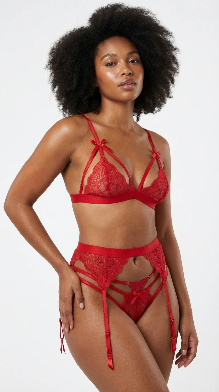 LunaIntim Kadın Dantelli Büstiyerli Jartiyer Takımı Transparan Şık Set Ateş Kırmızısı - Ön Görünüm